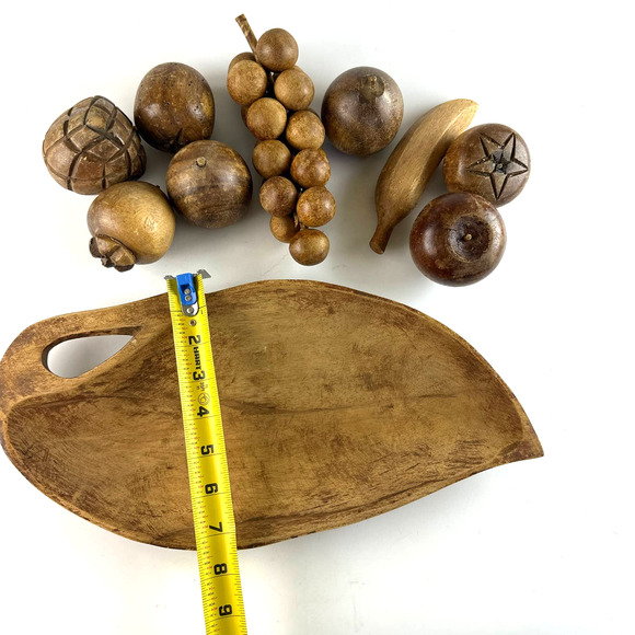 Vtg MCM Wooden Bowl With Fruit 9 Pieces Of Hand Carved Fruit & Wooden Leaf Bowl - Picture 9 of 13